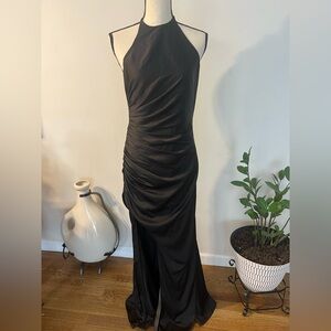 Fame and Partners Black Halter Ruched Maxi Gown